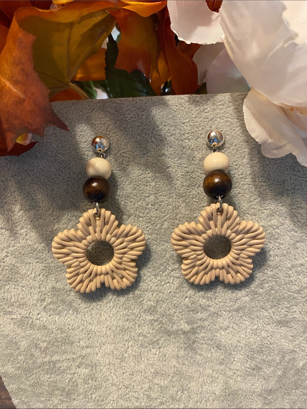 Neutral Floral Woven Drop Earrings with Bead Accents